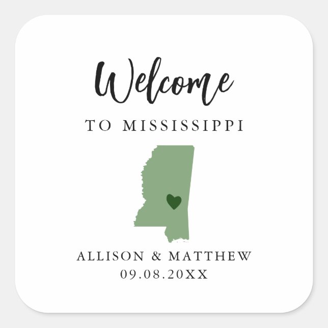 Any Colour Mississippi Wedding Welcome Bag or Box Square Sticker (Front)