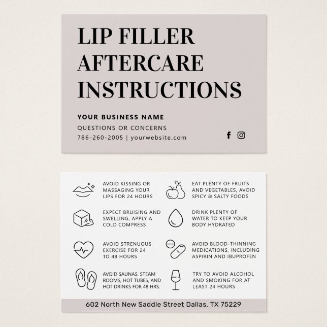 Any Colour Modern Lip Filler Botox Aftercare Card (Front & Back)