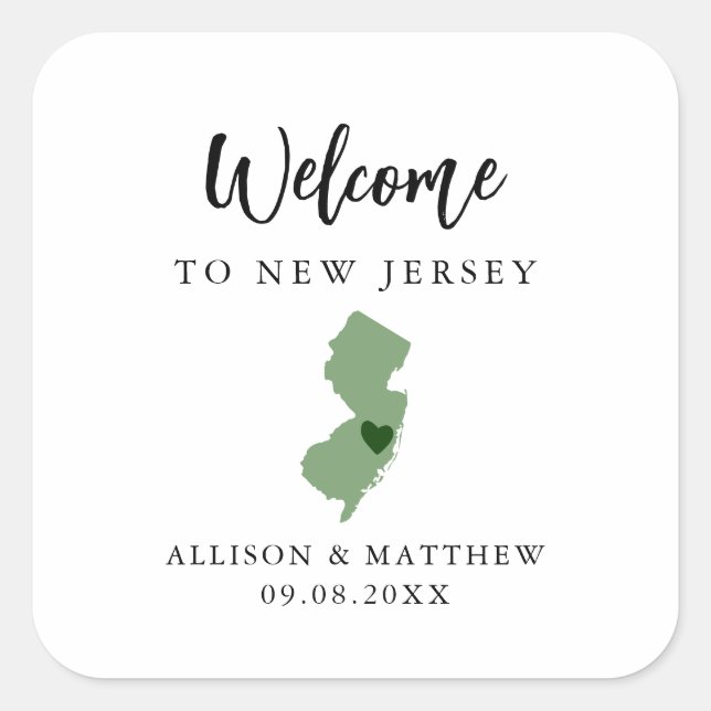 Any Colour New Jersey Wedding Welcome Bag or Box Square Sticker (Front)