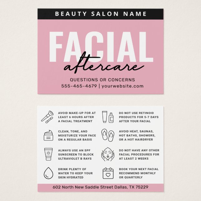 Any Colour Pink Facial Aftercare Instructions Card (Front & Back)