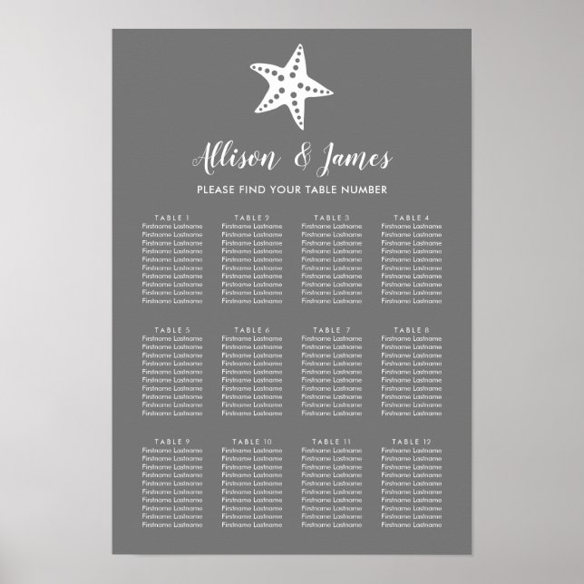 Any Colour Starfish Wedding Seating Chart Sign (Front)