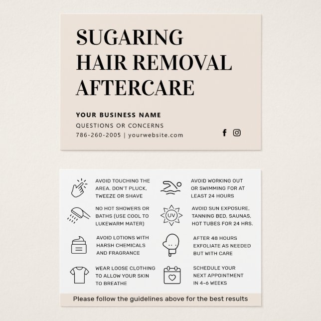 Any Colour Sugaring Hair Removal Aftercare Card  (Front & Back)