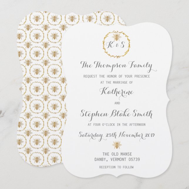 Any Colour Template Gold Foil Golden Bees Wedding (Front/Back)