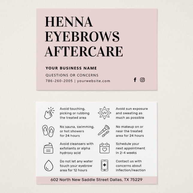 Any Colour Tint Henna Brows Aftercare Card Advice (Front & Back)
