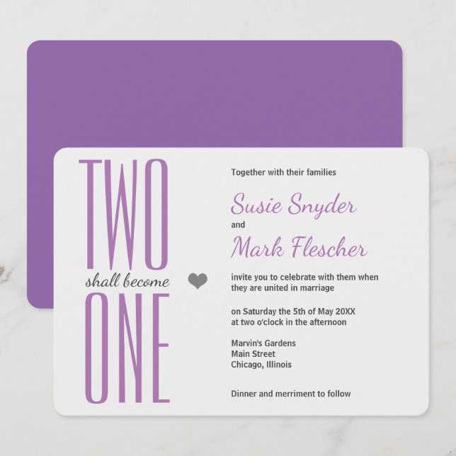 Any Colour Two Become One Bible Wedding Invitation (Front/Back)