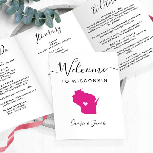 Any Colour Wisconsin Map Wedding Welcome Itinerary Tri-Fold Programme (Wisconsin Wedding Welcome Letter & Itinerary)