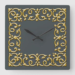 Any Colour with Gold Filigree Border Square Wall Clock