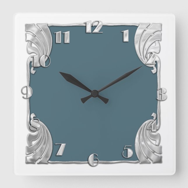 Any Colour with White Art Deco Silver Design Square Wall Clock (Front)