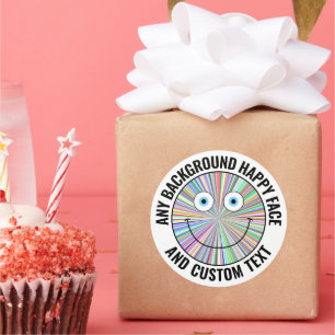 Any Custom Colour, Background Text Happy Face (BLK Classic Round Sticker