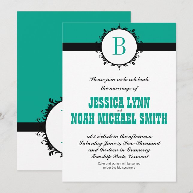 Any Custom Colour Emerald Monogram Wedding Invitation (Front/Back)