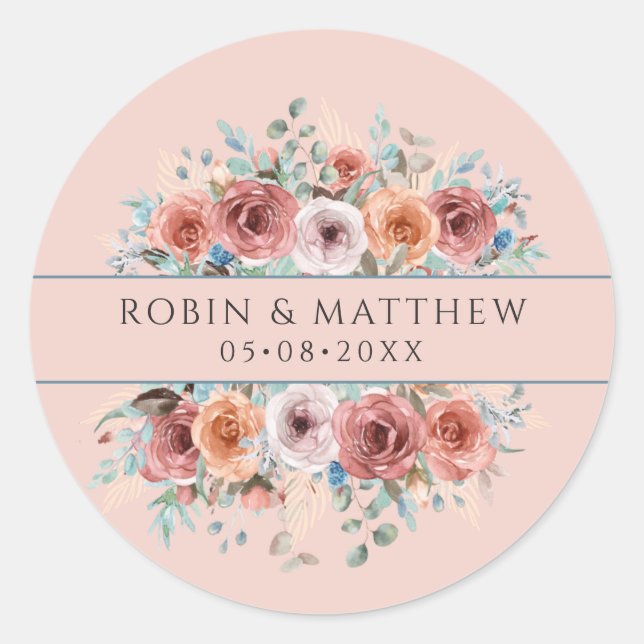 Any Event, Ethereal Rose Gold, Blush Peach Floral Classic Round Sticker (Front)