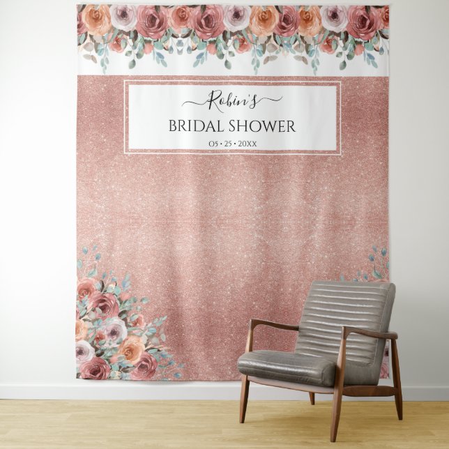 Any Event, Rose Gold, Peach Floral Photo Backdrop Tapestry (In Situ)