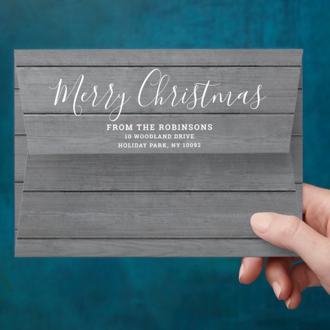 Any Greeting Return Address Grey Wood Holiday Envelope (Hand)