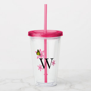 Any Letter Pink Floral Acrylic Tumbler