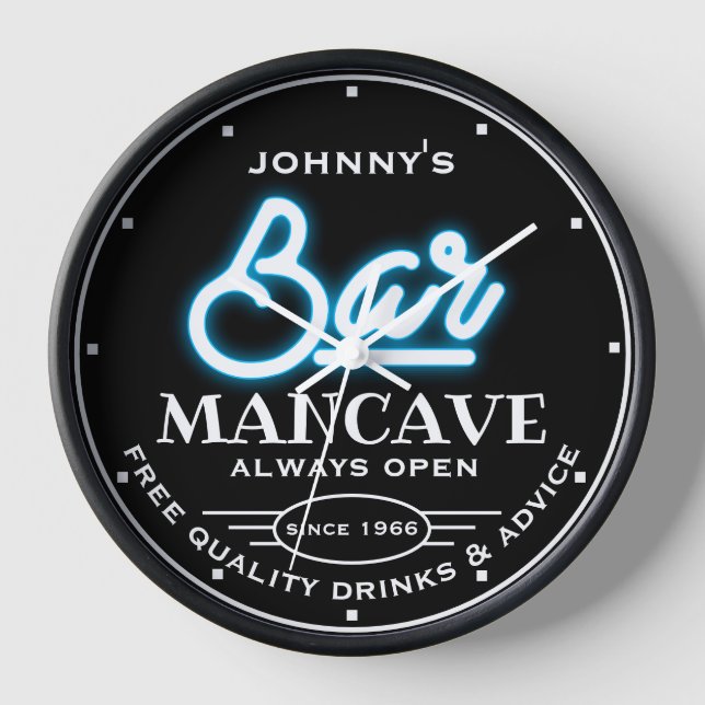 Any Name Bar Mancave Blue Black Slogan Clock (Front)