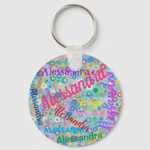 Any Name Collage Girly Keychain with Flowers