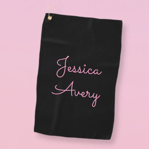 Any Name   Cool Editable Pink Script on Black Golf Towel