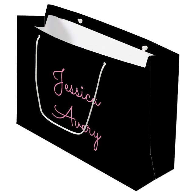 Any Name | Cool Editable Pink Script on Black Large Gift Bag (Front Angled)
