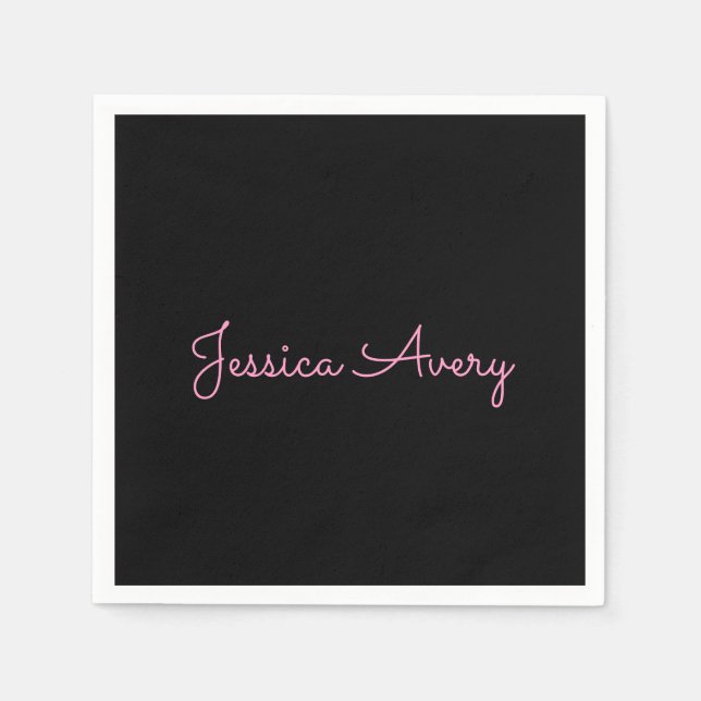Any Name | Cool Editable Pink Script on Black Napkin (Front)