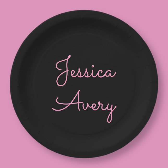 Any Name | Cool Editable Pink Script on Black Paper Plate (Creator Uploaded)