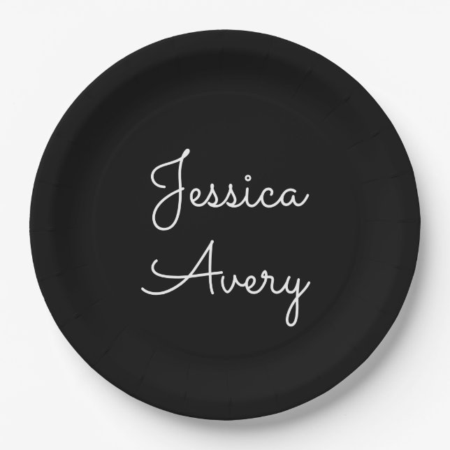 Any Name | Cool Editable White Script on Black Paper Plate (Front)