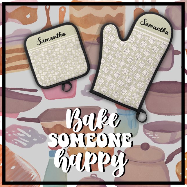 Any Name Cute Floral Daisy Pattern Oven Mitt & Pot Holder Set (Bake Someone Happy with this cute sage green & white daisy pattern oven mitt and pot holder set.)