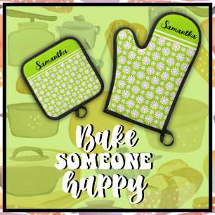 Any Name Cute Floral Daisy Pattern Oven Mitt & Pot Holder Set
