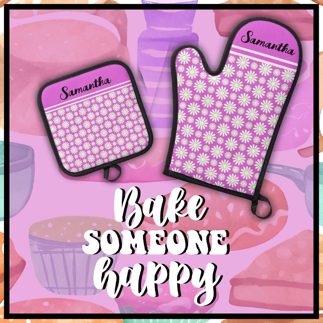 Any Name Cute Floral Daisy Pattern Oven Mitt & Pot Holder Set (Bake Someone Happy with this cute pink & white daisy pattern oven mitt and pot holder set.)