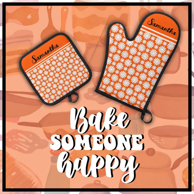 Any Name Cute Floral Daisy Pattern Oven Mitt & Pot Holder Set (Bake Someone Happy with this cute orange & white daisy pattern oven mitt and pot holder set.)