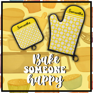 Any Name Cute Floral Daisy Pattern Oven Mitt & Pot Holder Set