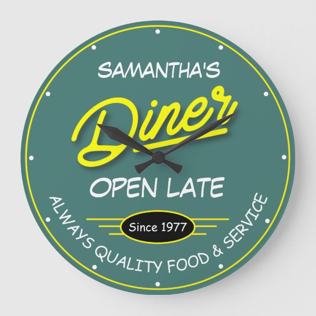 Any Name Diner Date Slogan Yellow Retro Sign Teal Large Clock (Front)