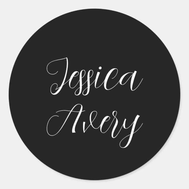 Any Name | Elegant Editable White Script on Black Classic Round Sticker (Front)
