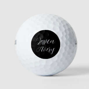 Any Name Elegant Editable White Script on Black Golf Balls