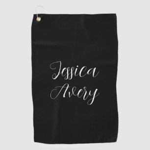 Any Name Elegant Editable White Script on Black Golf Towel