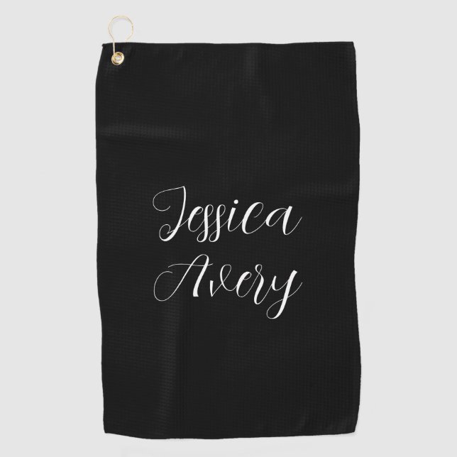 Any Name | Elegant Editable White Script on Black Golf Towel (Front)