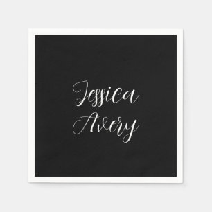 Any Name   Elegant Editable White Script on Black Napkin