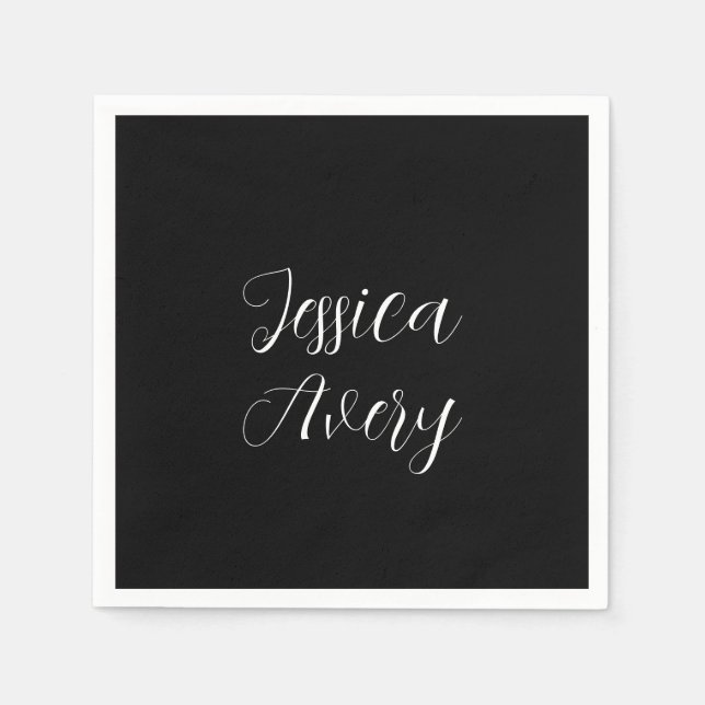 Any Name | Elegant Editable White Script on Black Napkin (Front)