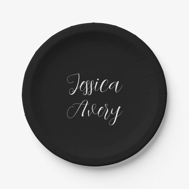 Any Name | Elegant Editable White Script on Black Paper Plate (Front)