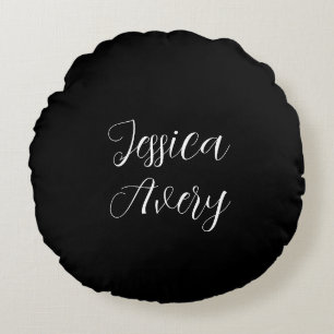 Any Name   Elegant Editable White Script on Black Round Cushion
