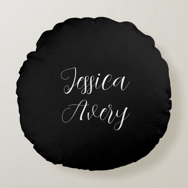 Any Name | Elegant Editable White Script on Black Round Cushion (Front)