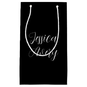 Any Name   Elegant Editable White Script on Black Small Gift Bag