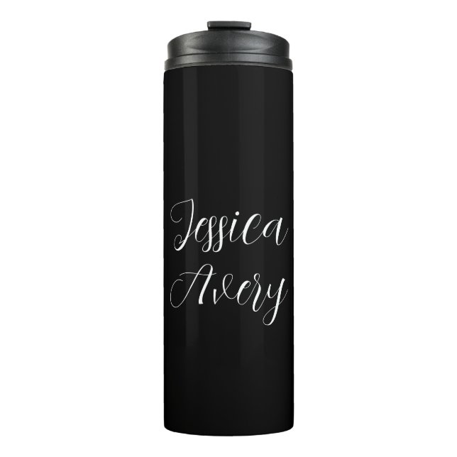 Any Name | Elegant Editable White Script on Black Thermal Tumbler (Front)