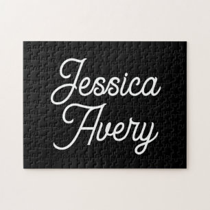 Any Name    Elegant Vintage White Script on Black Jigsaw Puzzle