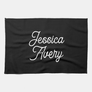 Any Name    Elegant Vintage White Script on Black Tea Towel