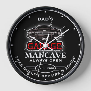 Any Name Garage Mancave Red Black Slogan Clock