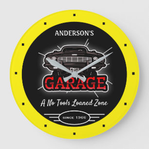 Any Name Garage Retro Car Since Date Yellow Black  Large Clock