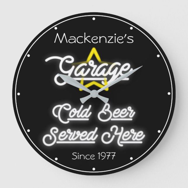 Any Name Garage Retro Faux White Neon on Black Large Clock (Front)