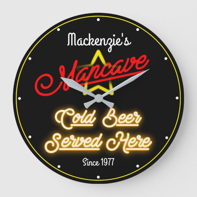 Any Name Mancave Retro Faux Red Yellow Neon Black Large Clock (Front)