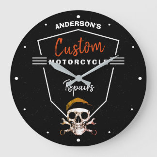 Any Name Motorcycle Repair Custom Mechanic Skull Large Clock