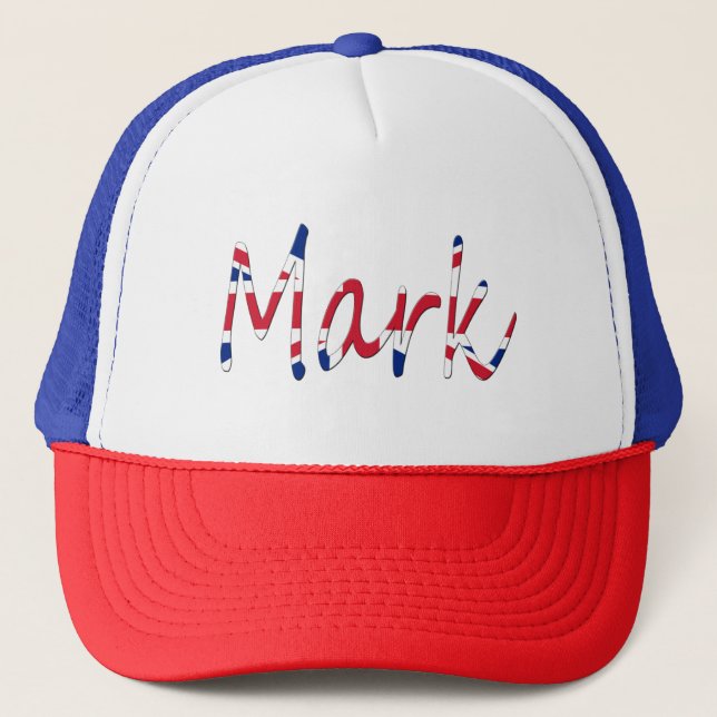 Any Name overlaid on Union Jack Flag thcnt Trucker Hat (Front)